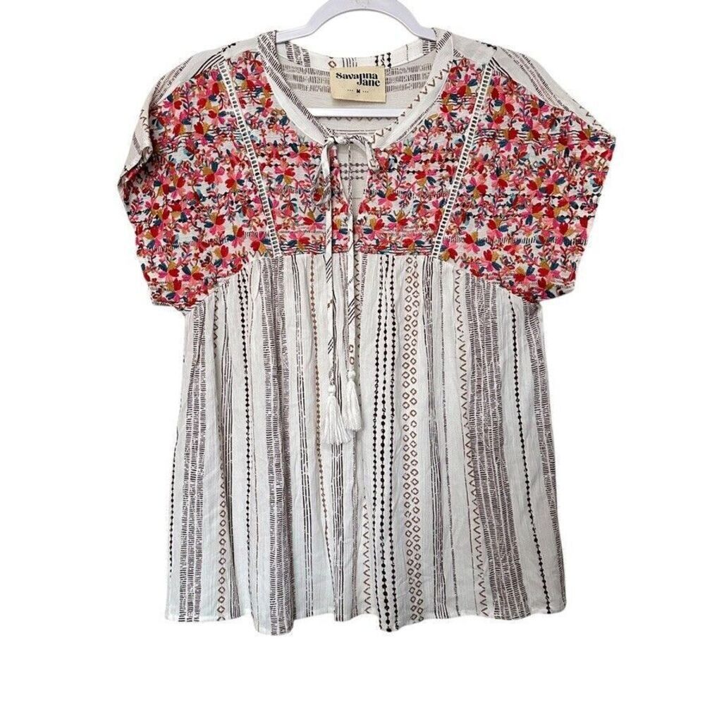 Savanna Jane Embroidered Blouse Women M Multi Floral Stripe Short Sleeve‎ Boho